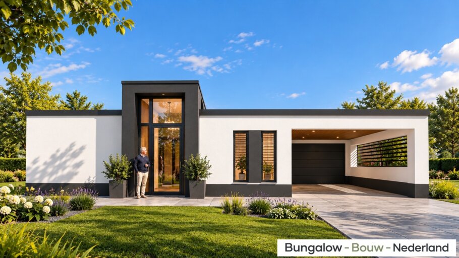 Moderne gelijkvloerse bungalow L-39 met plat dak, hoge entree en geïntegreerde carport