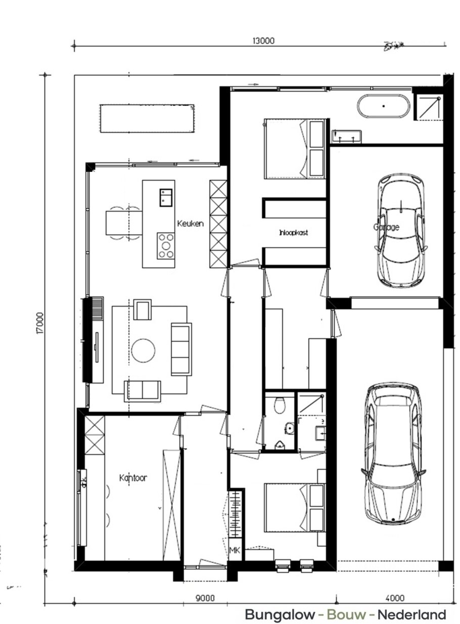 Plattegrond van moderne levensloopbestendige bungalow L-39 met 164 m² woonoppervlakte en een volledig aanpasbare indeling.