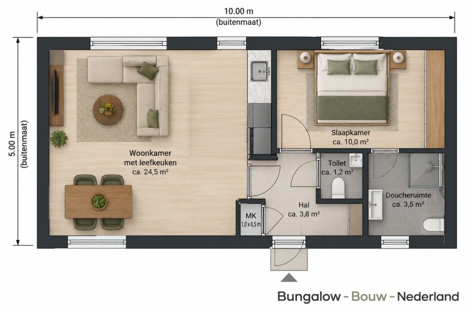 Plattegrond mantelzorgwoning 50 m² met 1 of 2 slaapkamers, leefkeuken, badkamer en separaat toilet