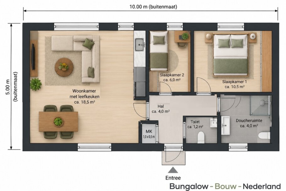 Plattegrond mantelzorgwoning 50 m² met 1 of 2 slaapkamers, leefkeuken, badkamer en separaat toilet