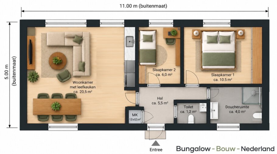 Plattegrond mantelzorgwoning 55 m² met 1 of 2 slaapkamers, leefkeuken, badkamer en separaat toilet