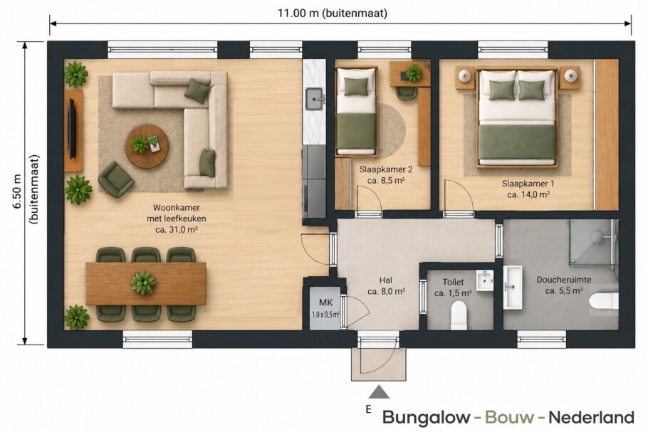 Plattegrond mantelzorgwoning 71,5 m² met 2 slaapkamers, leefkeuken, badkamer en separaat toilet