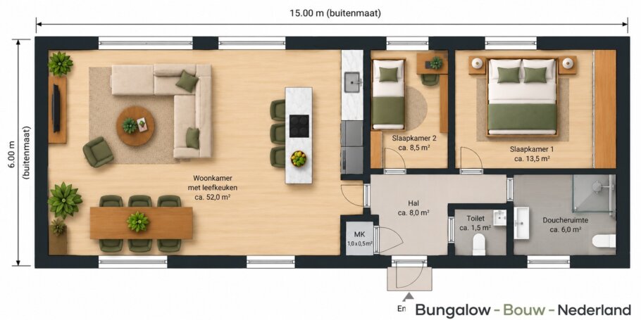 Plattegrond mantelzorgwoning 90 m² met 2 slaapkamers, leefkeuken, badkamer en separaat toilet