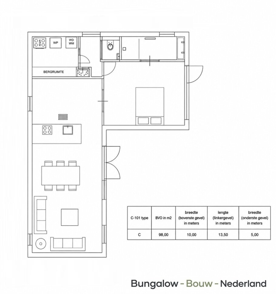 Voorbeeldplattegrond L-vormige prefab mantelzorgwoning met flexibele ruimte-indeling