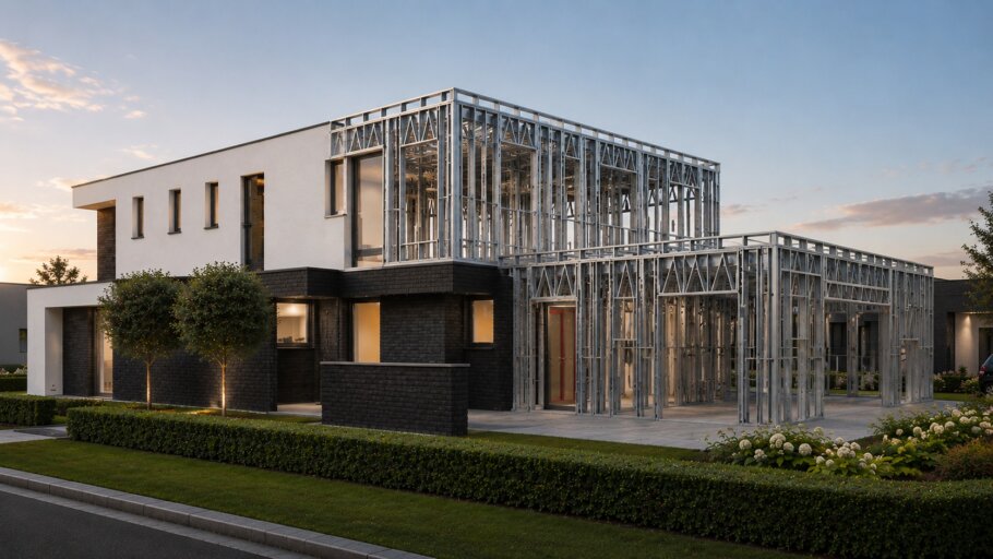 Moderne woning in staalframebouw waarbij de prefab staalconstructie vloeiend overgaat in de gerealiseerde luxe woning met moderne architectuur