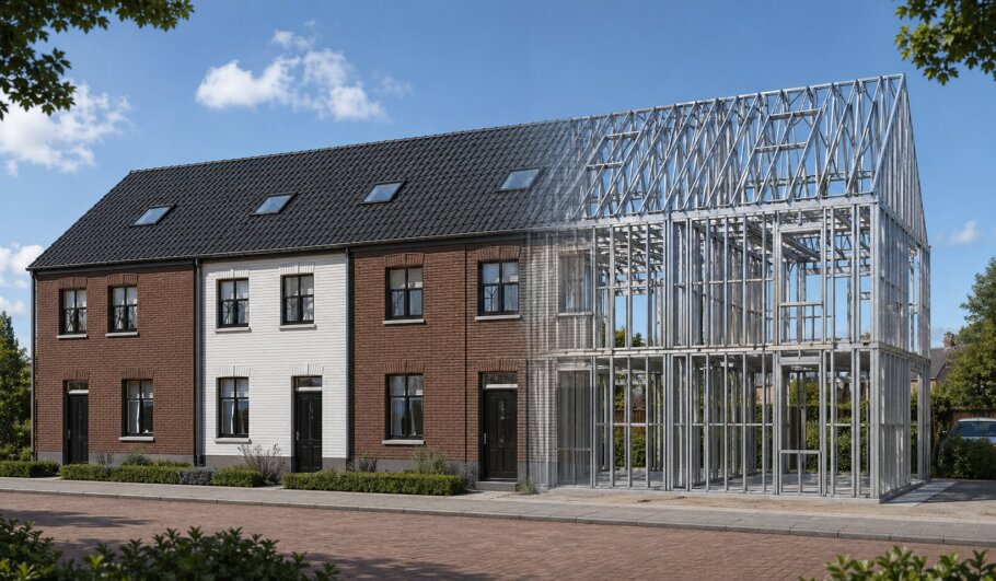 Moderne woning in staalframebouw waarbij de prefab staalconstructie vloeiend overgaat in de gerealiseerde luxe woning met moderne architectuur