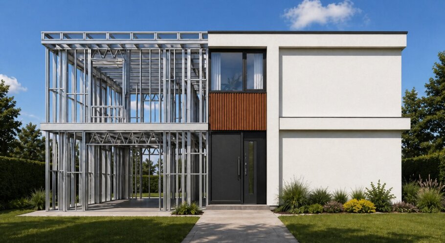 Moderne woning in staalframebouw waarbij de prefab staalconstructie vloeiend overgaat in de gerealiseerde luxe woning met moderne architectuur