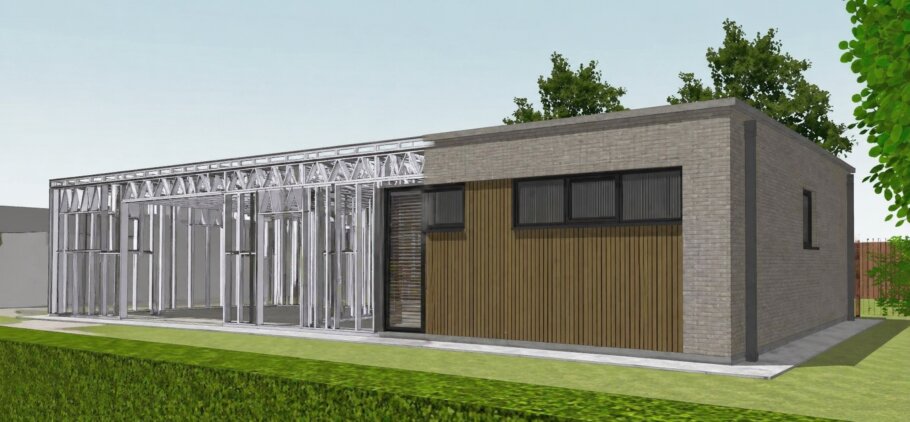 Moderne woning in staalframebouw waarbij de prefab staalconstructie vloeiend overgaat in de gerealiseerde luxe woning met moderne architectuur