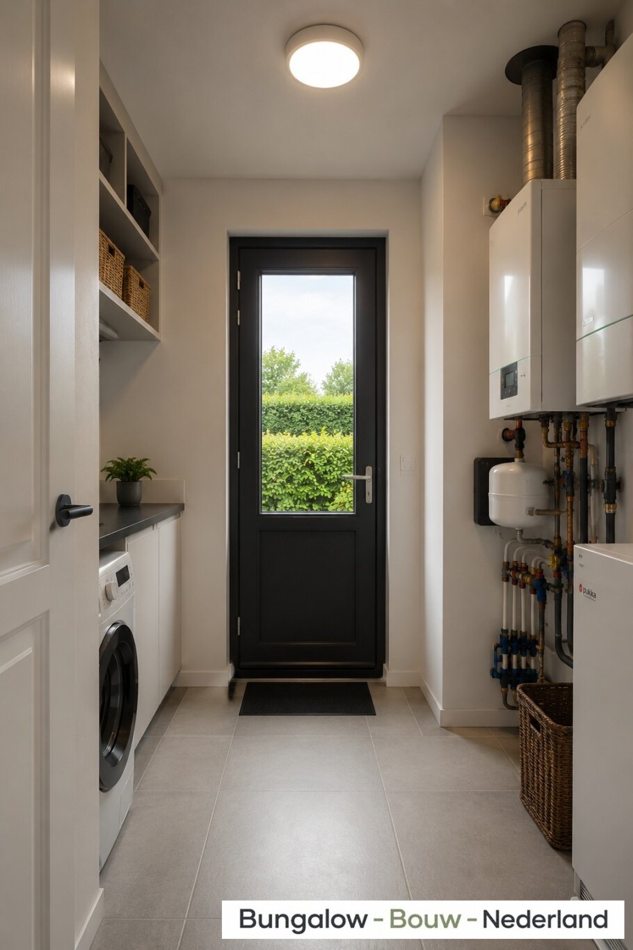 Modern interieur van bungalow L-60 met luxe woonkamer, leefkeuken, badkamer en slaapkamer
