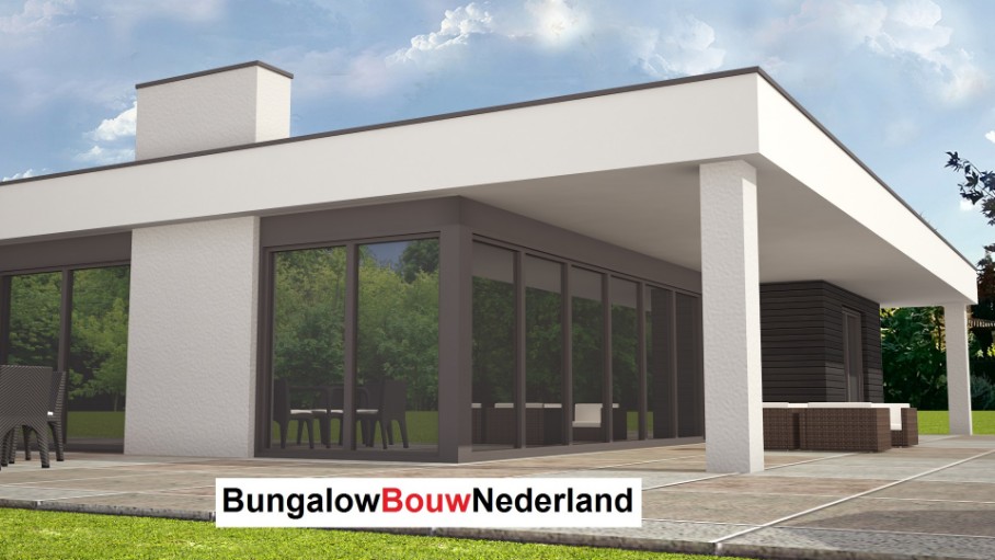 bugalow bouwen met plat dak en groot overdekt terras  ontwerp L82 bouwkosten en prijs prijzen