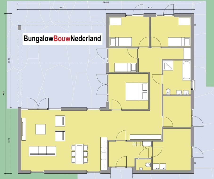 bungalow L vorm ontwerp met overdekt terras type L36 plattegrond indeling