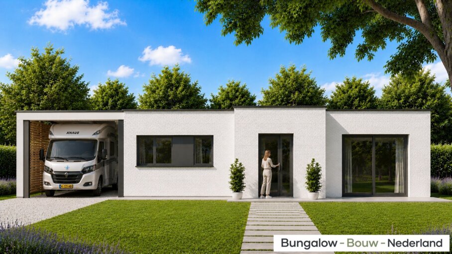 Moderne levensloopbestendige bungalow L-163 met 2 slaapkamers en plat dak.
