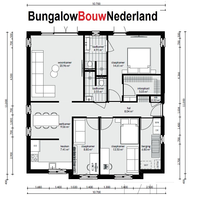 bungalow bouwen voor 150.000 euro prefab bouw type L60 BBN catalog plattegrond indeling