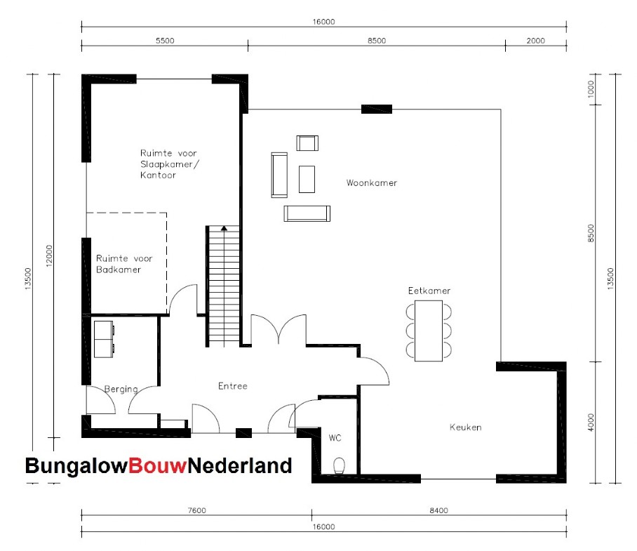 bungalow catalogus bouw plat dak en gelijkvloers type L75 plattegrond indeling