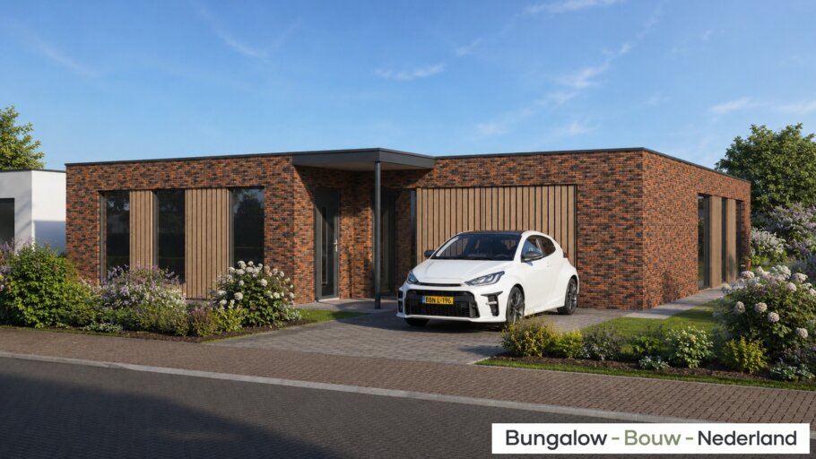 Moderne levensloopbestendige bungalow L-196 met plat dak, veranda en overdekt terras