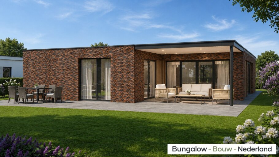Moderne levensloopbestendige bungalow L-196 met plat dak, veranda en overdekt terras