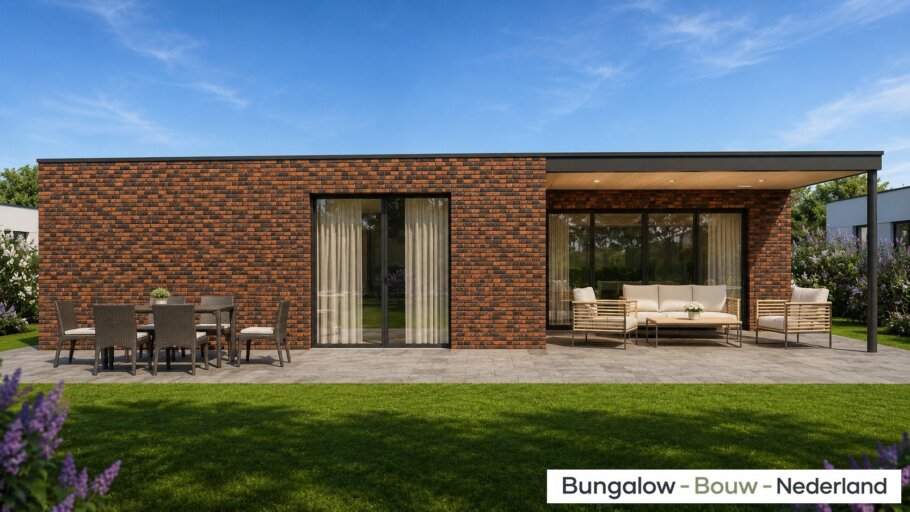 Moderne levensloopbestendige bungalow L-196 met plat dak, veranda en overdekt terras