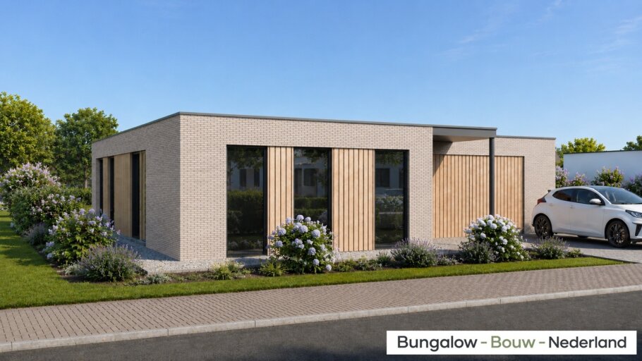 Moderne levensloopbestendige bungalow L-196 met plat dak, veranda en overdekt terras