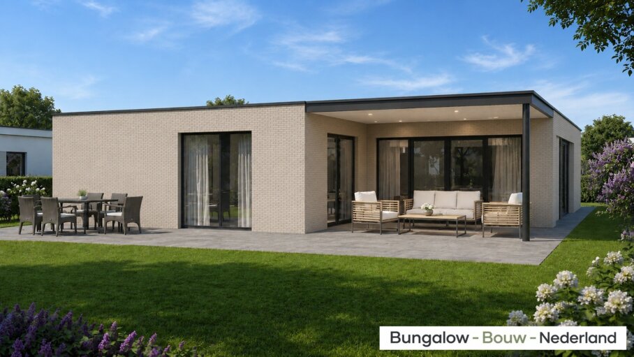 Moderne levensloopbestendige bungalow L-196 met plat dak, veranda en overdekt terras
