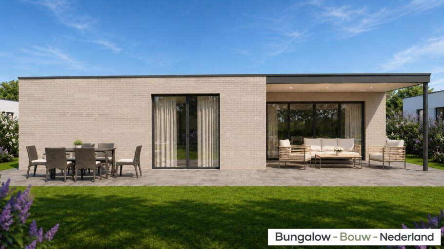 Moderne levensloopbestendige bungalow L-196 met plat dak, veranda en overdekt terras