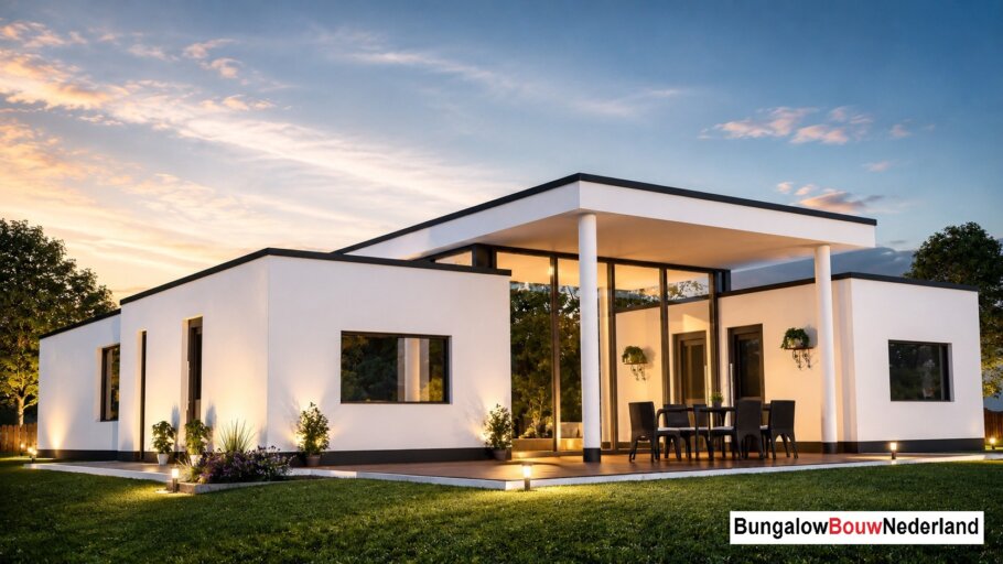 Moderne levensloopbestendige bungalow type L-27 met plat dak, hoge woonkamer en grote glazen gevels
