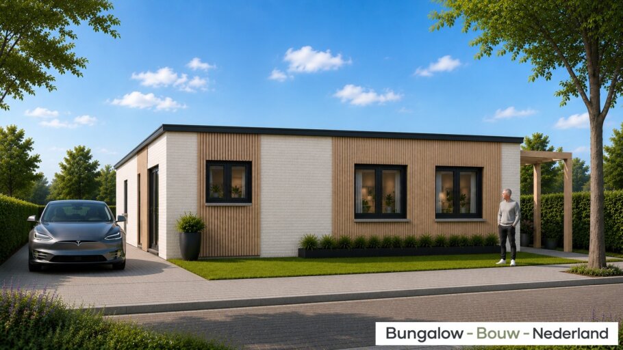 bekijk de moderne gelijkvloerse bungalow L-60 met plat dak in diverse efficiente indelingen
