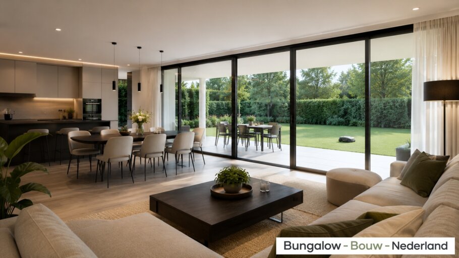 Modern interieur van gelijkvloerse woning A-82 met woonkamer, leefkeuken, slaapkamer en grote glaspartijen
