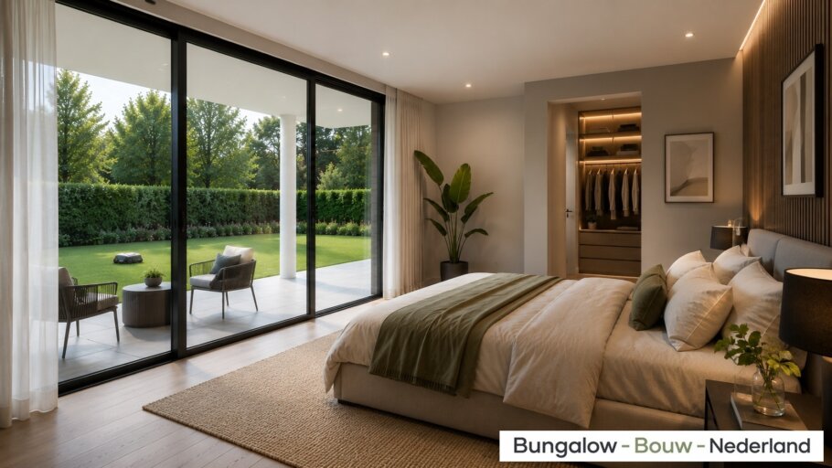 Modern interieur van gelijkvloerse woning A-82 met woonkamer, leefkeuken, slaapkamer en grote glaspartijen