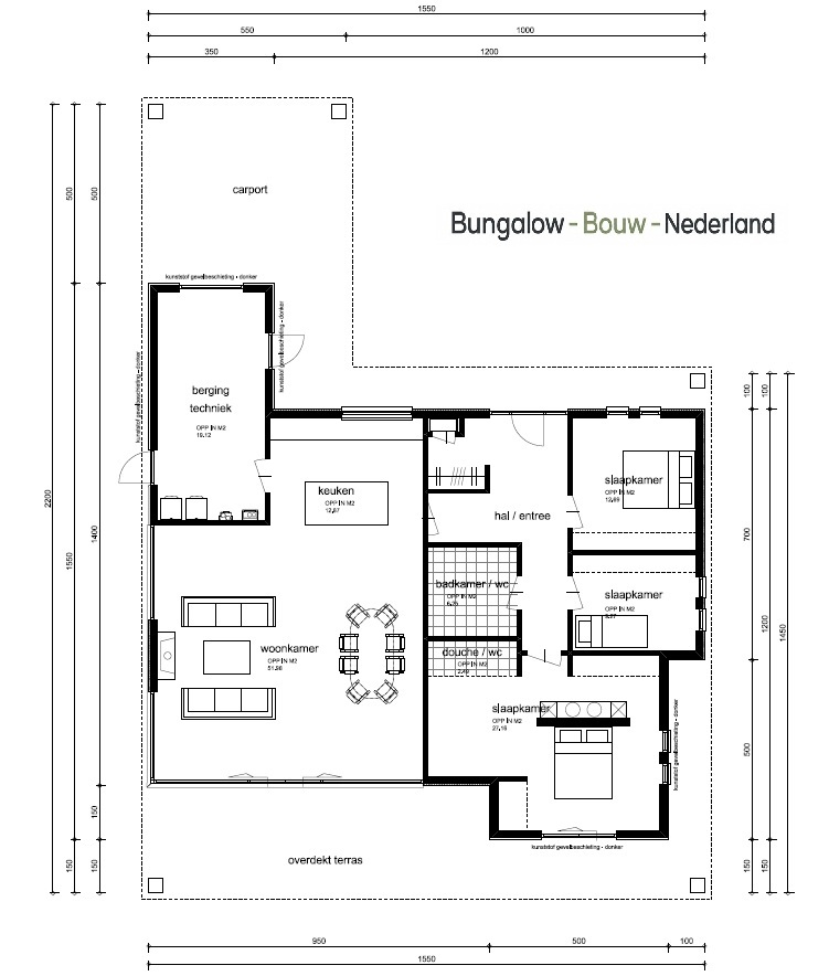 Moderne bungalow L-82 met plat dak, royale overdekte terrassen, designcarport en grote glaspartijen
