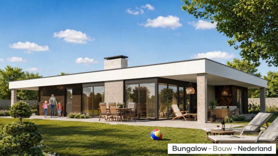 Moderne bungalow L-82 met plat dak, royale overdekte terrassen, designcarport en grote glaspartijen