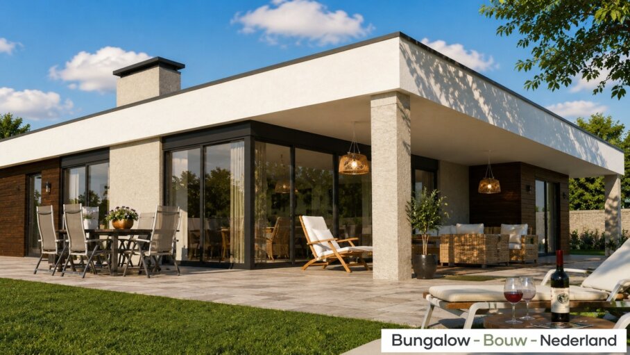 Moderne bungalow L-82 met plat dak, royale overdekte terrassen, designcarport en grote glaspartijen