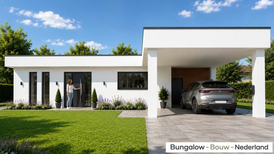 Moderne bungalow L-82 met plat dak, royale overdekte terrassen, designcarport en grote glaspartijen