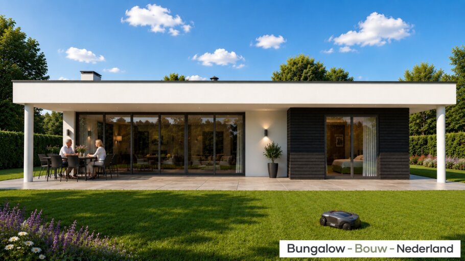 Moderne bungalow L-82 met plat dak, royale overdekte terrassen, designcarport en grote glaspartijen