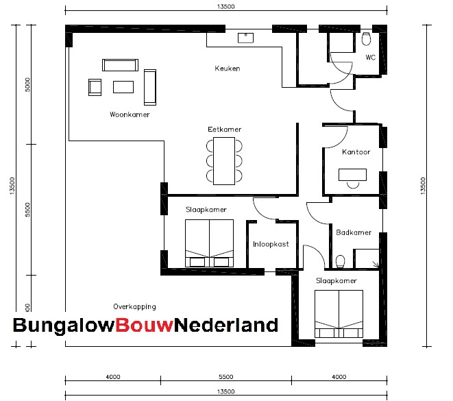 bungalow met veel glas en overdekt terras plattegrond indeling type