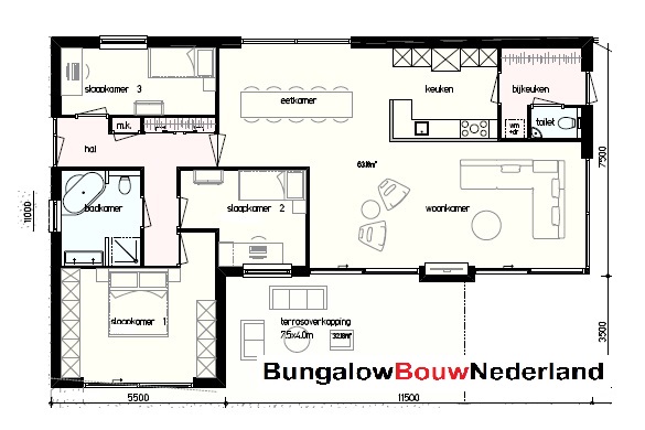 bouwkosten bungalow ontwerp en bouw type L91 gelijkvloers met plat dak