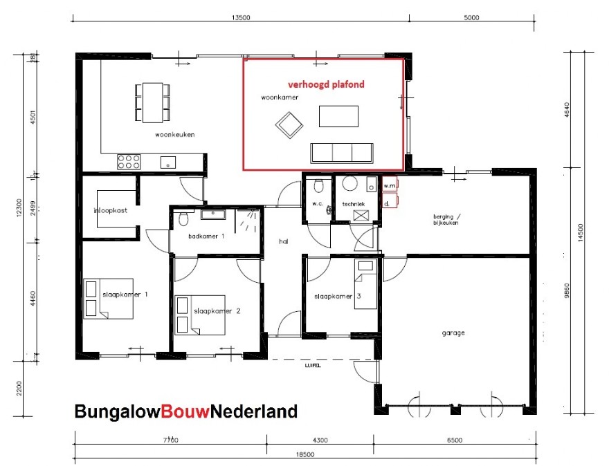 bungalowbouw nederland ontwerp L170 levensloop woning woonkamer verhoogd plafond  staalframebouw 