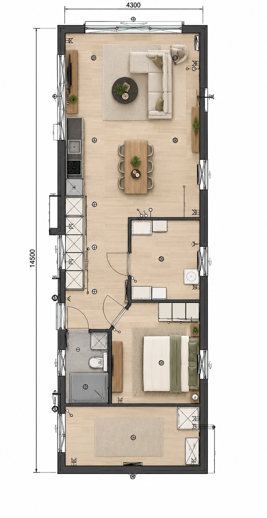 Plattegrond BBN D-01 – compacte prefab woonunit