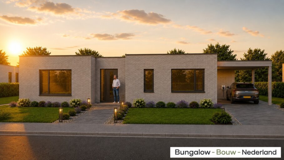 Moderne gelijkvloerse bungalow van 118 m2 met plat dak L-180 met grote glaspartijen en levensloopbestendige indeling