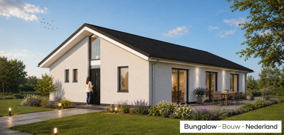 Onderhoudsarme gelijkvloerse bungalow met licht hellend dak en gestuukte gevel met houten accenten als bekleding