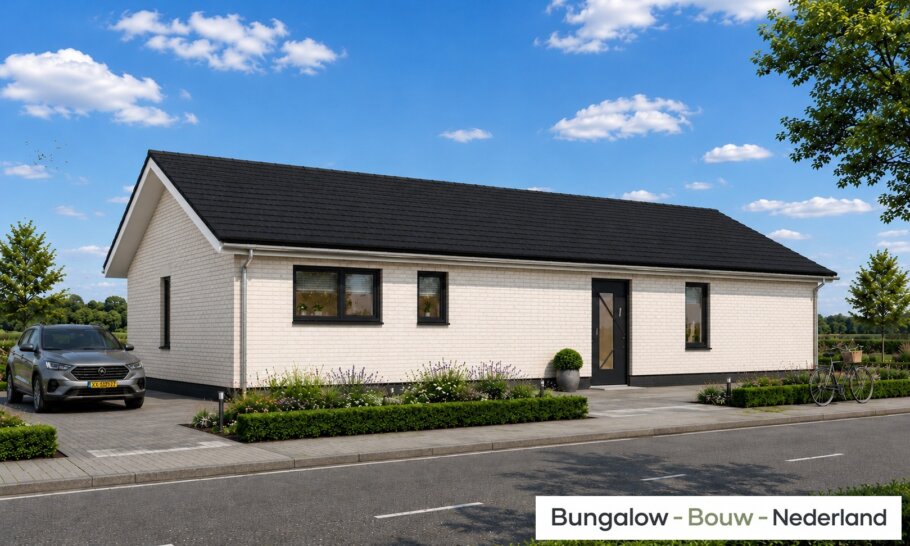 Onderhoudsarme gelijkvloerse bungalow met licht hellend dak en gestuukte gevel met houten accenten als bekleding