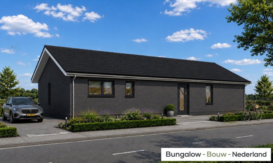 Onderhoudsarme gelijkvloerse bungalow met licht hellend dak en gestuukte gevel met houten accenten als bekleding
