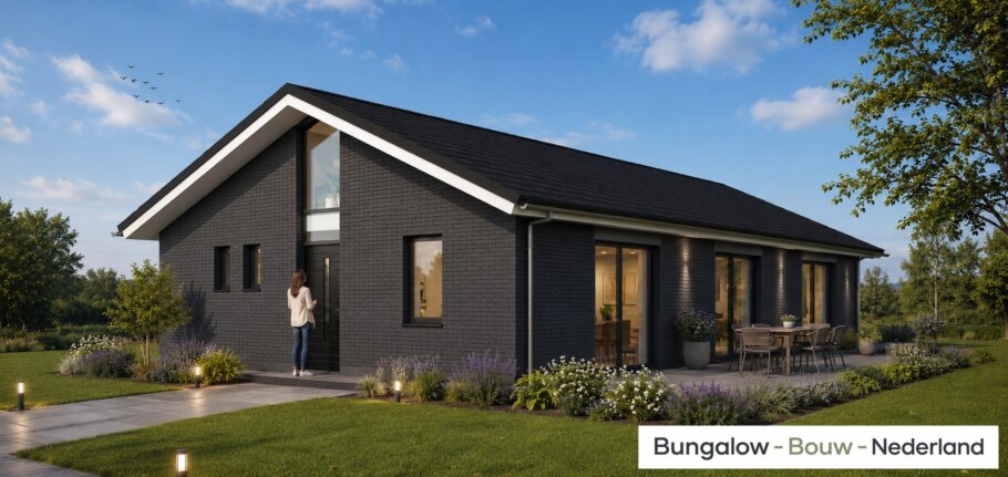 Onderhoudsarme gelijkvloerse bungalow met licht hellend dak en gestuukte gevel met houten accenten als bekleding