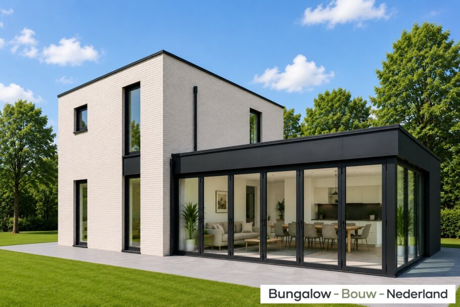 H-257 moderne kubistische woning met plat dak, grote glaspartijen en levensloopbestendige indeling