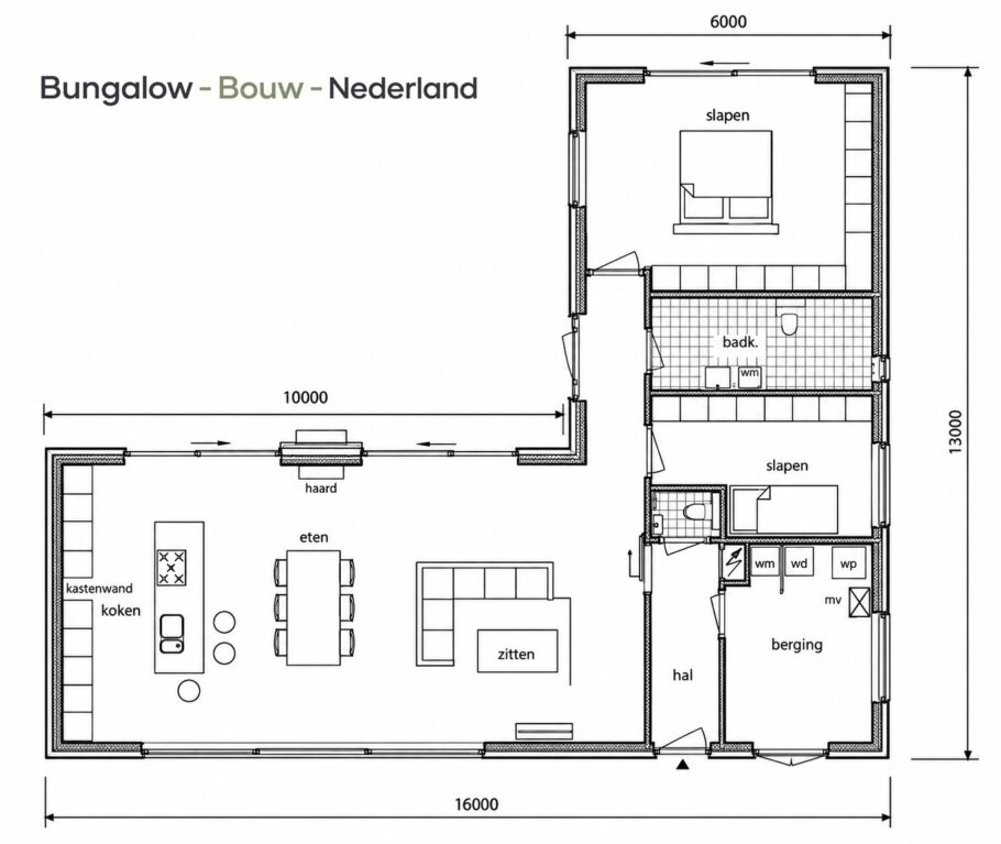 zie de plattegrond en indeling woning met plat dak L-203