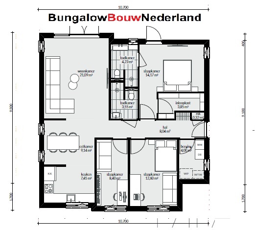 goedkope bungalow bouwen prefab bouwsysteem type L61 bungalowbouw-nederland plattegrond indeling