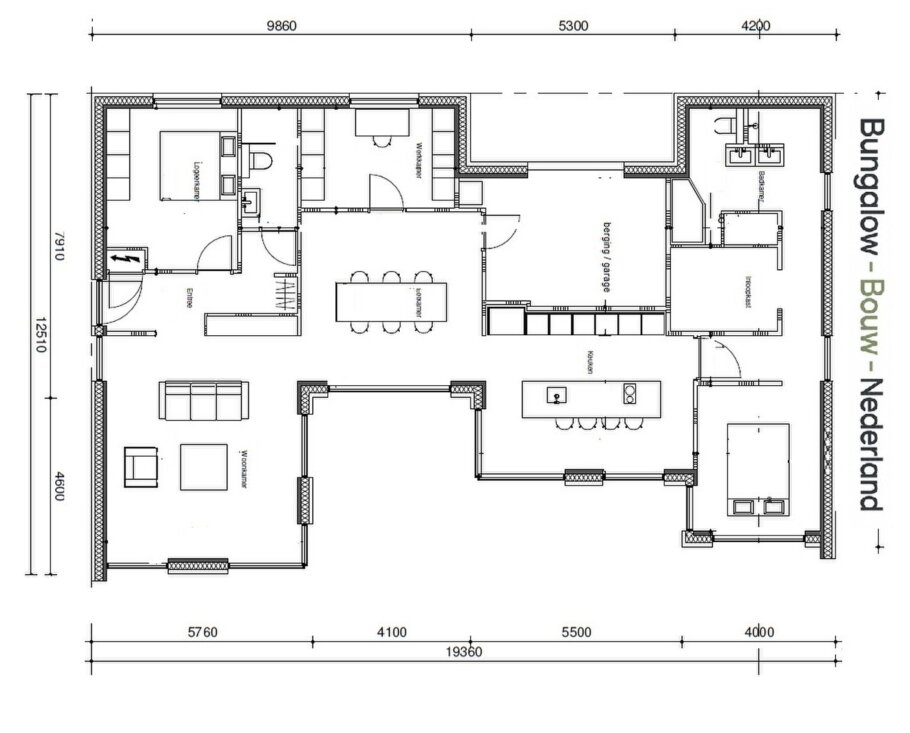 indelingen en plattegrondvoorbeeld  levensloopbestendige bungalow A-70 met plat dak