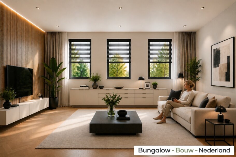 Modern interieur van bungalow L-60 met luxe woonkamer, leefkeuken, badkamer en slaapkamer