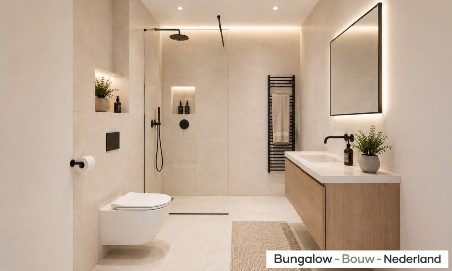 Modern interieur van bungalow L-60 met luxe woonkamer, leefkeuken, badkamer en slaapkamer