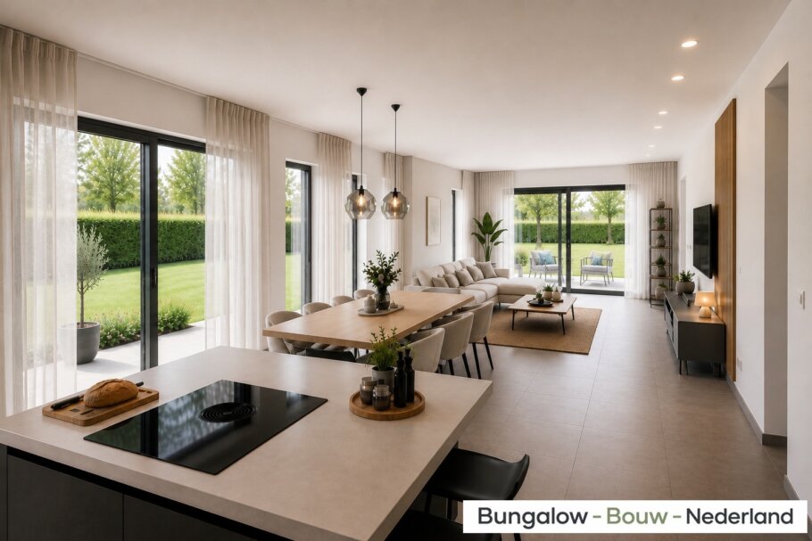 Modern interieur van bungalow L-60 met luxe woonkamer, leefkeuken, badkamer en slaapkamer