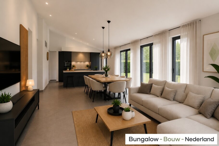 Onderhoudsarme gelijkvloerse bungalow met licht hellend dak en gestuukte gevel met houten accenten als bekleding